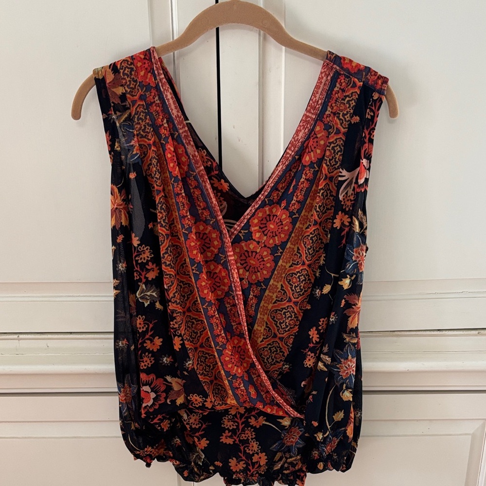 Free People Floral Sleeveless Wrap Top - Black and  Orange L